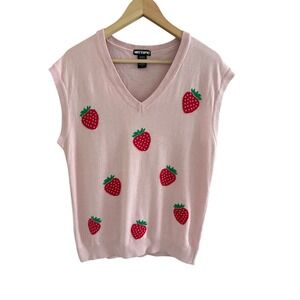 Hot Topic Pink Strawberry Knit Sweater Vest V-Neck Sleeveless Top Womens Medium